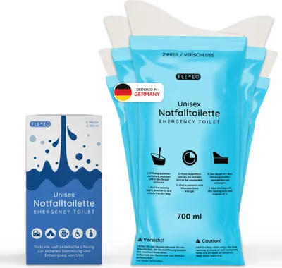 Produktbild von FLEXEO Notfalltoilette mit Feuchtigkeitsabsorber, Pinkelbeutel Urinbeutel für Reisen Wandern Festivals, 5 Stück