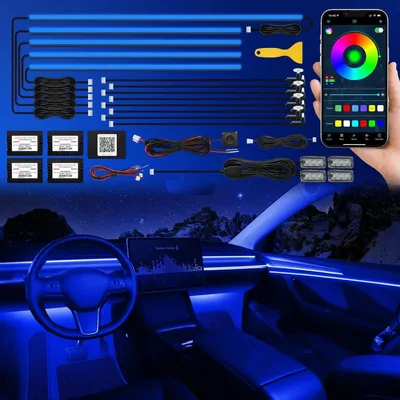 Obrázek produktu pro LED osvětlení interiéru auta s ovládáním přes aplikaci, RGB, 18 barev, délka 175 cm, 593 LED diod, ambientní osvětlení, synchronizace s hudbou