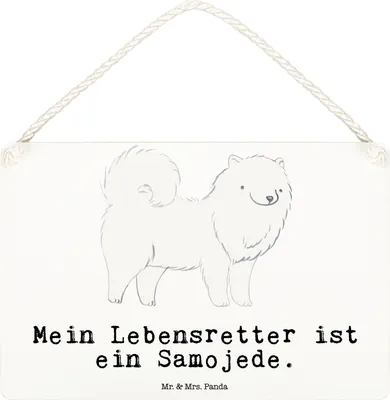 Produktbild von Mr. & Mrs. Panda Schild Samojede Lebensretter DIN A6 - Weiß - Geschenk, Samojedenhund, Wandbild Holz, Deko, Samojedenspitz, kleine aufmerksamkeit, Türschild, holzbild