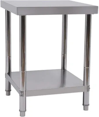 Productafbeelding van Werkbank met 2 lagen, roestvrij staal, 60x60x80 cm. Roestvrijstalen werkblad met verstelbare poten. Geschikt als grilltafel, voor gebruik buitenshuis. Keukenmeubel, draagvermogen 400 kg, geschikt voor gebruik in de keuken