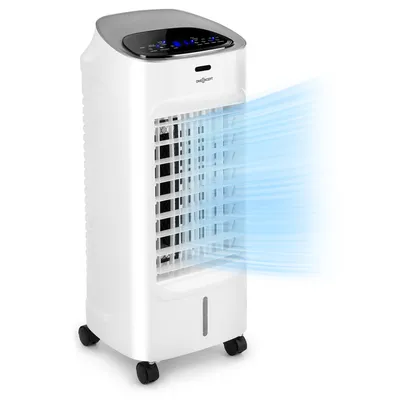 A white and gray portable air cooler with blue airflow depicted emanating from the front.