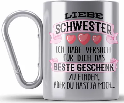 Produktbild von Trendation - Beste Schwester Geschenk Edelstahl Tasse Karabiner Karabiner Edelstahl Tasse Karabiner Edelstahl Geburtstag Weihnachten Geschenkideen Schwestern Bruder Lustig (Silber)
