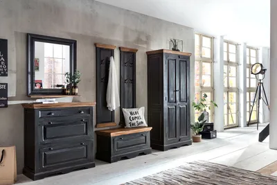 Produktbild von SIT Möbel Dielen-Set | 6-tlg. | 2 Schuhschränke, 2 Garderobenpaneele, 1 Spiegel, 1 Schrank | Mango + MDF schwarz | honigfarbige Deckplatte | B 80 x T 45 x H 180 cm | 18000-33 | Serie CORSICA