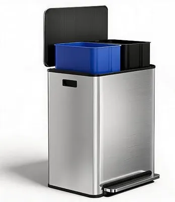 Imagen del producto de Cubo de basura de acero inoxidable, 60 litros, con 2 compartimentos, tapa con cierre suave y pedal. Color: plateado