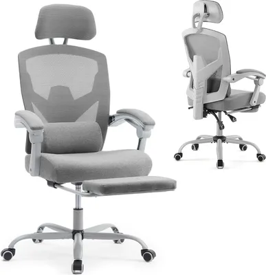 A gray ergonomic office chair with a headrest, lumbar support, and footrest is shown from the front and side.