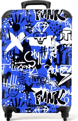 Produktbild von NoBoringSuitcases.com® Koffer Handgepäck Trolley Rollkoffer Kleine Reisekoffer mit 4 Rollen - Schwarzes und weißes Graffiti auf blauem Hintergrund - Cabin Size < 55x40x23 cm & 55x40x20 cm - Fotokoffer - Kabinenkoffer - BoardgepäckHandgepäck Koffer 55x35x20 cm, 36L,