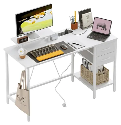 Image de Bureau avec prises électriques et tiroirs - 120 x 50 cm - blanc - bureau compact pour ordinateur