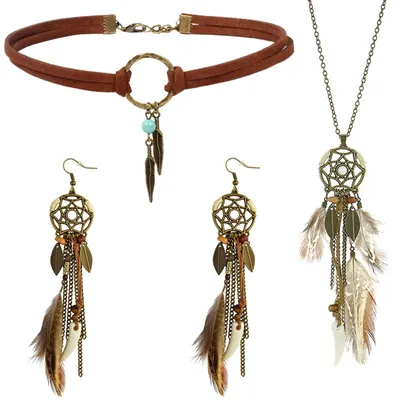Image de Ensemble de bijoux bohèmes pour femmes, comprenant des boucles d'oreilles et un collier