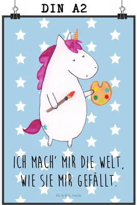 Produktbild von Mr. & Mrs. Panda Bild Einhorn Künstler DIN A2 - Blau Pastell - Geschenk, wanddeko, Designposter, drucke, grafikposter, Unicorn, Farbe, Welt, Englisch, Malen, Artist