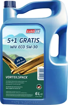 A blue plastic container of motor oil with a landscape image on the label.