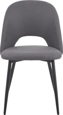 A gray upholstered chair with black legs is shown from the front against a white background.
