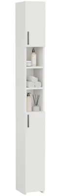 A tall, slim white bathroom cabinet with open shelves and doors.