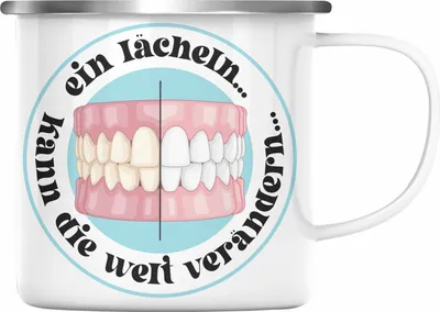 Produktbild von Trendation - Zahntechniker Emaille Tasse Geschenk Zahnarzt Lustig Praxis Geschenkidee Zahnarzthelferin Zahntechniker Zahnärztin - Ein Lächeln Kann die Welt verändern Zahnmedizinische Fachangestellte (Silber)