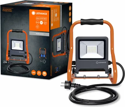 The image shows a product box and the product itself, a portable LED work light.