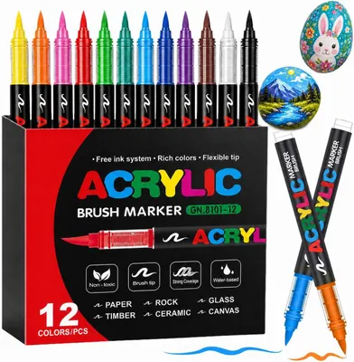 Imagen del producto de Rotuladores de pintura acrílica, 12 colores, a base de agua, para usar en piedra, lienzo, madera y otras superficies