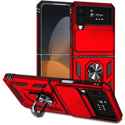 Immagine prodotto di Custodia per Samsung Galaxy Z Flip 4 5G a doppio strato con copertura scorrevole della fotocamera e supporto ad anello rosso