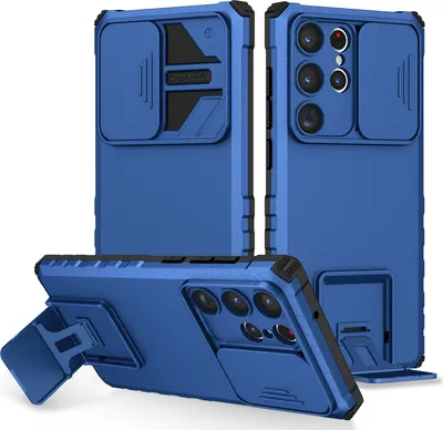 Produktbild von Galaxy S23 Ultra Hülle, Dual Layer Ständer Schutzhülle mit Schiebe Kamera Schutz für Samsung Galaxy S23 Ultra Blau