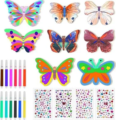 Produktbild von 40-teiliges Kinderkunsthandwerksatz - Holzschmetterling, Aquarellstifte, Edelstein-Sticker - Selbstmachen Geburtstag-Kunsthandwerksatz für Kinder