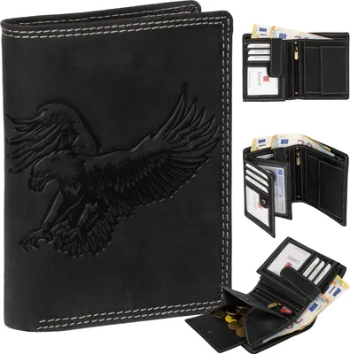 Produktbild von RFID Büffel Echt Leder Geldbörse Portemonnaie Herren mit geprägtem Motiv  Schwarz Hochformat Adler