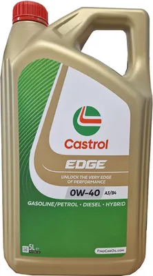A gold plastic jug of Castrol Edge 0W-40 motor oil.