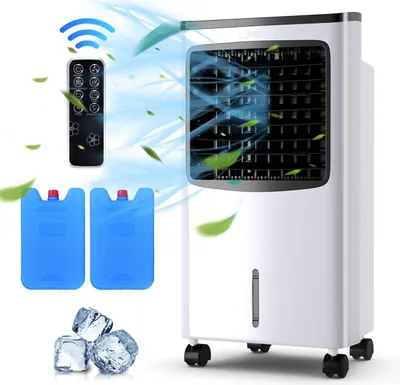 A white air cooler with a remote control, ice packs, and ice cubes, surrounded by blue air currents and green leaves.