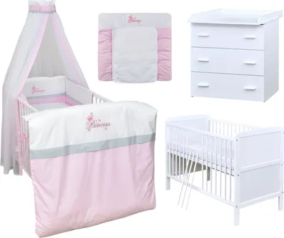 Produktbild von Baby-Delux Babyzimmer Babybett Wickelkommode Weiss Bettwäsche Komplett Set Princess