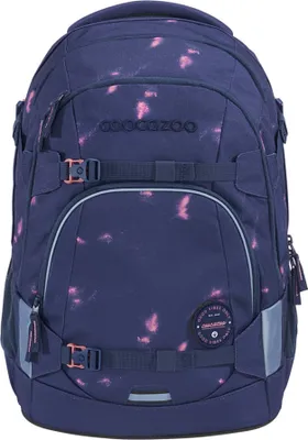 A blue backpack with pink speckles.