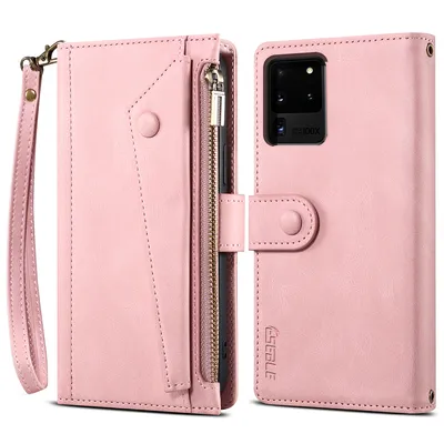 Obrázek produktu pro Ochranné pouzdro pro Samsung Galaxy S20 Ultra / S20 Ultra 5G, kožené pouzdro na zip, skládací peněženka s přihrádkou na karty, stojánek a poutko Růžový