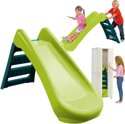 Children playing on a slide and a girl opening a storage cabinet.