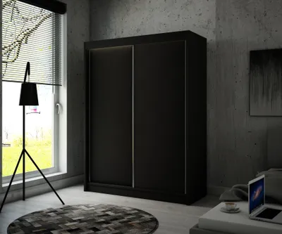 Produktbild von ALTDECOR Kleiderschrank mit furnierten Schiebetüren, kugelgelagerte Führungsschienen und Aluminium-Leisten 200 cm Schwarz