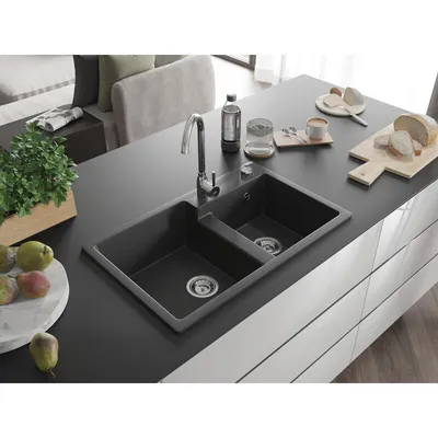 Produktbild von Mexen Tomas 2-Becken-Granit-Spülbecken 800 x 500 mm, Schwarz gesprenkelt, Siphon chrom - 6516802000-76