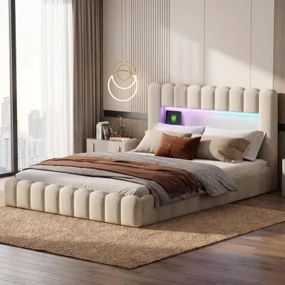 Produktbild von INONEFT Boxspringbett 140x200cm mit LED, Jugendbett Doppelbett mit Lattenrost/stauraum, Polsterbett Stauraumbett mit USB, Stauraumbett Leinen, Beige