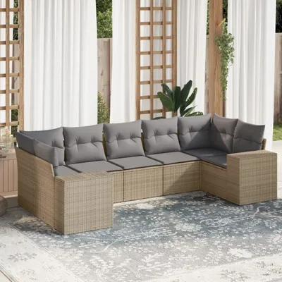 Produktbild von Design 7-tlg. Garten-Sofagarnitur mit Kissen Beige Poly Rattan, Gartenmöbel-Sets 2024 Neu