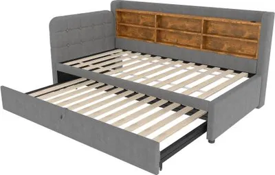 Produktbild von Daybett 90x200cm(180 x 200 cm) Ohne Matratze Tagesbett Schlafsofa Grau Leinen Ausziehbett Usb Typ C Ablageflaechen Funktionsbett Einzelbett