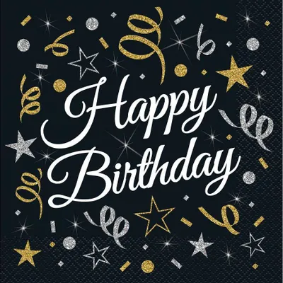 Zdjęcie produktu dla Serwetki urodzinowe Happy Birthday czarne, 33 cm 20 sztuk
