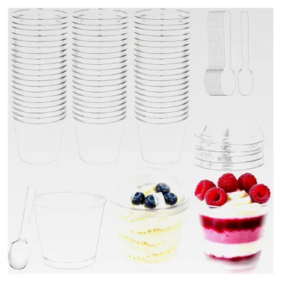 Produktbild von 60 Mini Dessertgläser aus Plastik mit 60 Löffeln, 210 ml Dessertbecher mit Deckel, kleine wiederverwendbare Dessertschalen für Zuhause