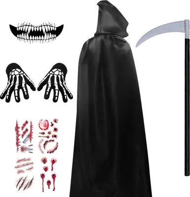 Produktbild von YIMOJOY Halloween Umhang Schwarz Set mit Sense & Tattoos 190CM