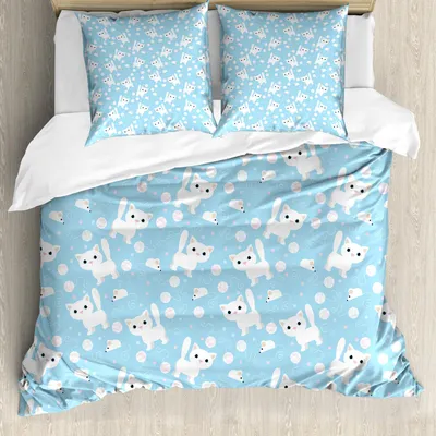 Produktbild von ABAKUHAUS Baby Bettbezug Set, Lustige Katze mit Garn Ball und Maus Sketch Predator Instincts gepunkteten Hintergrund, 200 x 200 cm + 80 x 80 cm, Creme Blau