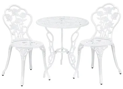Image de Ensemble de table et chaises – Ensemble de table et chaises d'extérieur – Ensemble de table et chaises de balcon – 3 pièces – Fonte et aluminium – Motifs de roses et aspect vintage