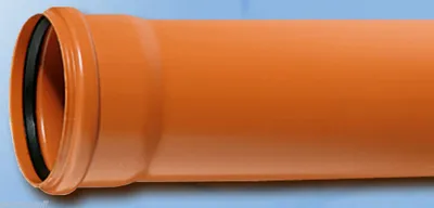 A close-up, studio shot of an orange plastic pipe with a black rubber seal on one end.