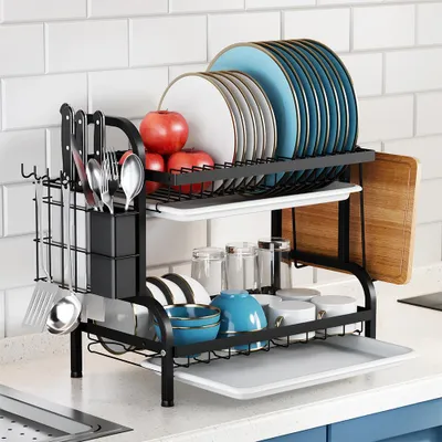 Produktbild von Livingandhome 2 Ebenen Geschirrabtropfgestell, Rostfreier Stahl Abtropfgestell mit Besteckhalter & Auffangschale, Schwarz