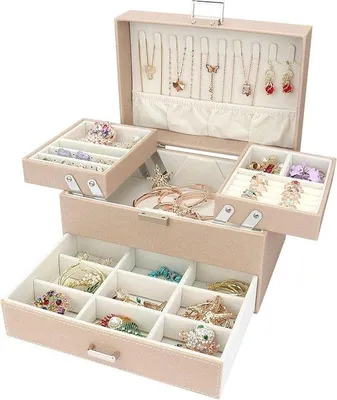 Produktbild von Famanu Schmuckbox mit 3 Schichten - Organizer mit Schublade für Armbänder, Ohrringe, Ringe, Halsketten, Uhren - Weiß