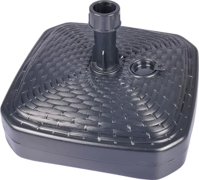 A square umbrella stand with a woven texture and a central tube for an umbrella pole.