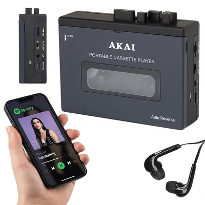 Obrázek produktu pro WALKMAN, přehrávač kazet, AKAI, kapesní magnetofon, Bluetooth 5.4, reproduktor, USB-C, 1200 mAh, vysílač/přijímač, diktafon, AUX, magnetofon, USB-C, sluchátka, mikrofon