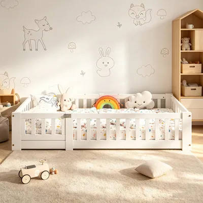 Zdjęcie produktu dla Łóżeczko dziecięce INONEFT, 90x190 cm, łóżko Montessori z barierką i drzwiczkami, drewniane łóżko jednoosobowe z listwami, łóżko młodzieżowe z litego drewna, białe
