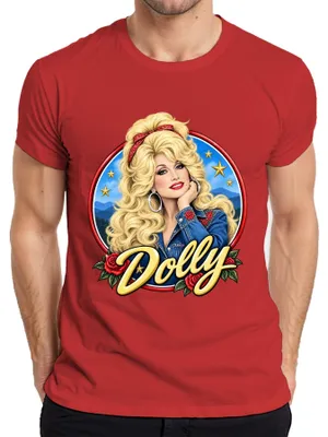 Obrázek produktu pro Tričko s potiskem "Dolly Parton", country zpěvačka, legenda, westernový motiv, Tennessee, pánské, červené, velikost M