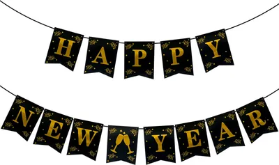 Produktbild von Oblique Unique Happy New Year Wimpel Girlande Banner Wimpelkette für Silvester jahr Party Feier Deko schwarz gold
