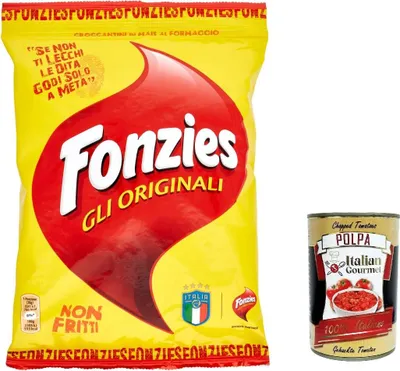 Produktbild von 10x Fonzies Gli Originali Croccantini di Mais al Formaggio, Maissnack mit Käse, Klassic Käsechips chips mit mais italien snack 40g + Italian Gourmet polpa 400g