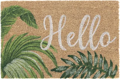 Produktbild von Relaxdays Fußmatte Kokos, Hello Schriftzug, Fußabtreter 40 x 60 cm, wetterfest, Türvorleger innen & außen, natur/grün