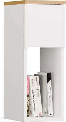 A white nightstand with a wooden top and a shelf holding several books.